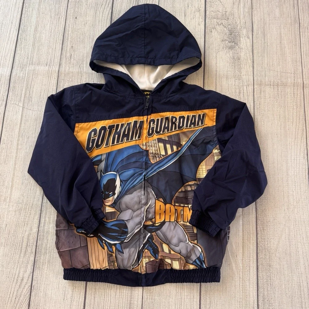 Batman Gotham Guardian Hooded Windbreaker Jacket Kids Full Zip Blue Size 6
